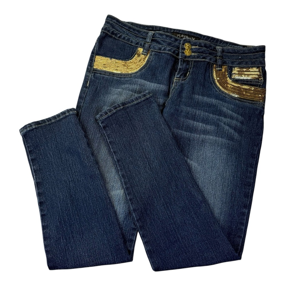 Women's Playboy Jeans Blue Denim Embellished Gold Sequins Size 30 (13/14)